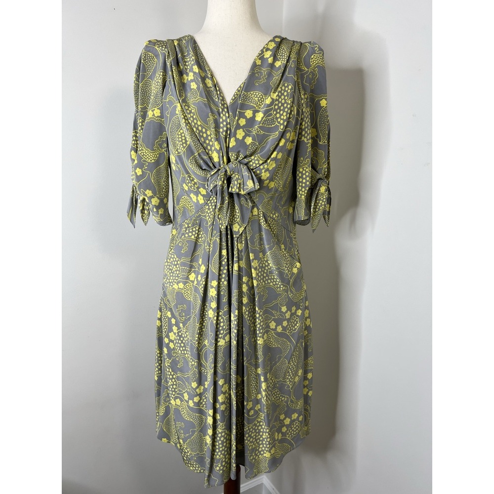 Yoana Baraschi Womens L Gray Yellow Floral Silk Dress Draped V Neck Pockets